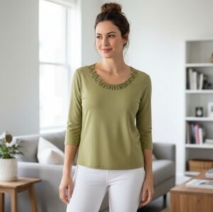 VINTAGE Pink Poodle  Muted Lime knit top with Woven detail neckline